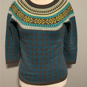 Talbots Lambswool Blend Sweater Teal Fair Isle Nordic Plaid Nylon Preppy Small